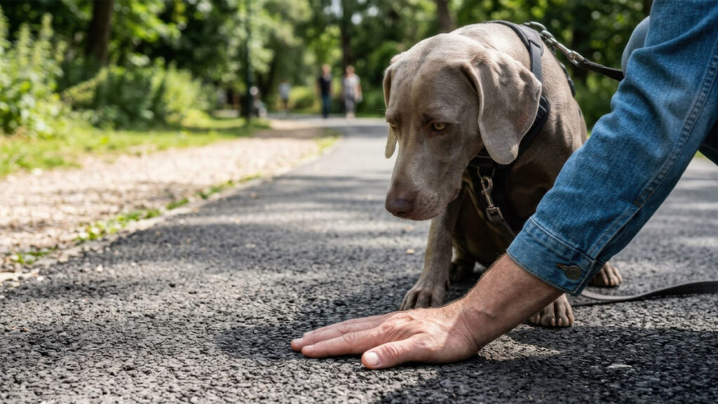 An owner pressing the back of their hand against hot pavement to perform the seven-second safety test for dogs.