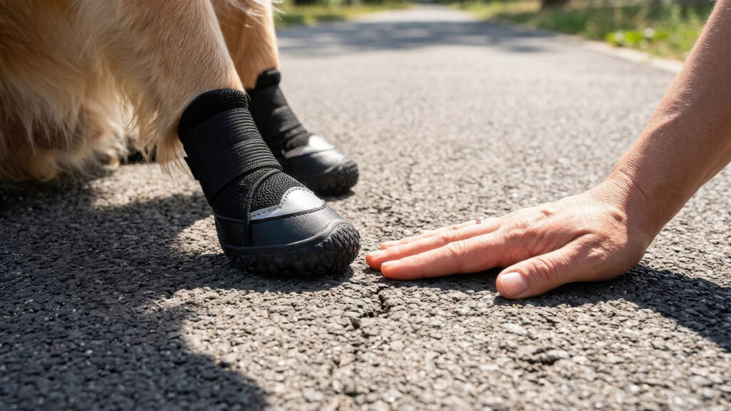 A hand performing the 7-second pavement heat test on hot asphalt next to a dog paw wearing heat-protective footwear.