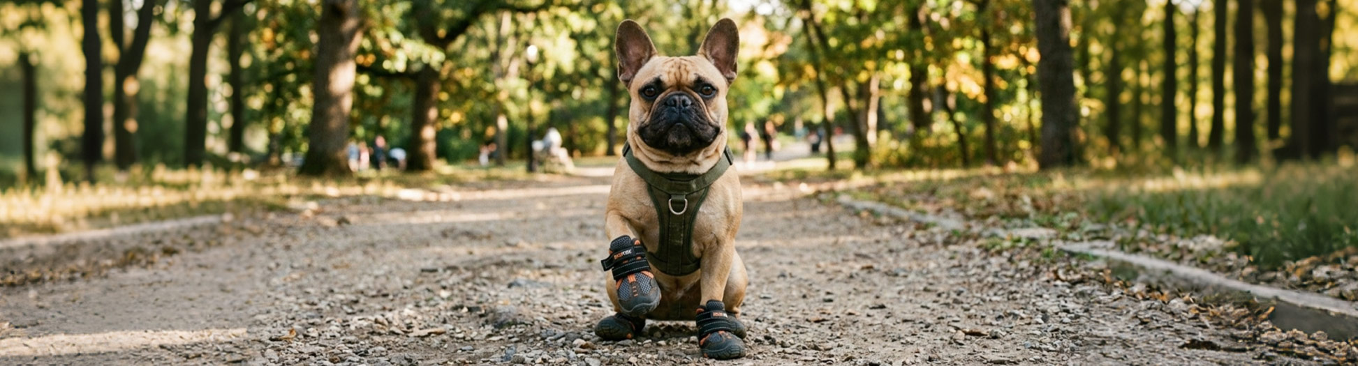 French Bulldog sitting on trail lifting a front paw wearing a secure outdoor boot for Fit & Adjustment tips.