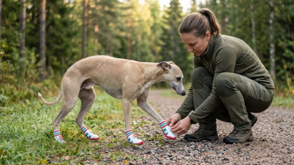 A female hiker crouched on a forest path adjusting the snug fit of trail boots on an athletic Whippet.