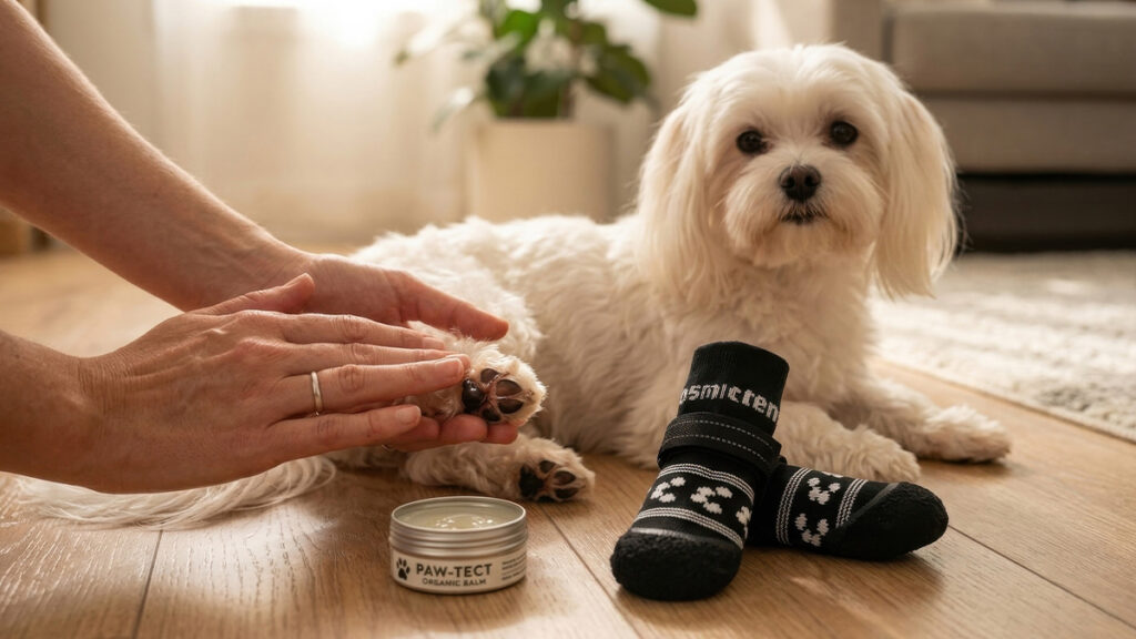 An owner applying organic paw balm onto a white Maltese's paw next to a pair of anti-slip indoor dog socks.