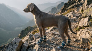 A regal Weimaraner wearing rugged dog hiking boots standing poised on a steep rocky mountain trail.