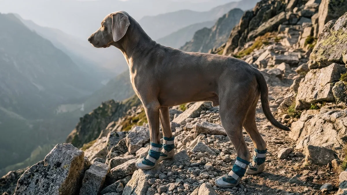 A regal Weimaraner wearing rugged dog hiking boots standing poised on a steep rocky mountain trail.