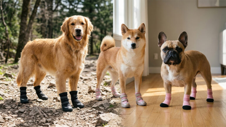 Three dogs standing side-by-side wearing different dog paw wear including boots, shoes, and non-slip socks.