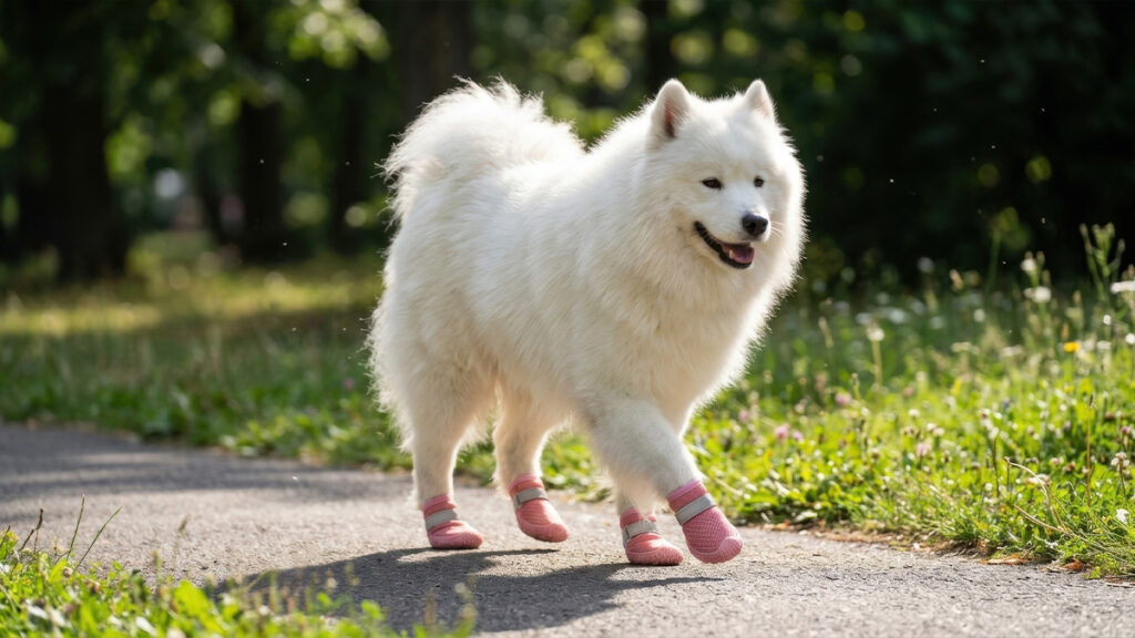 A fluffy white Samoyed walking along a sunny park path wearing breathable mesh summer shoes for paw heat defense.
