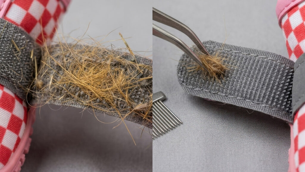 Before and after split comparison of cleaning dog boot Velcro using tweezers and a comb to remove trapped dog hair.