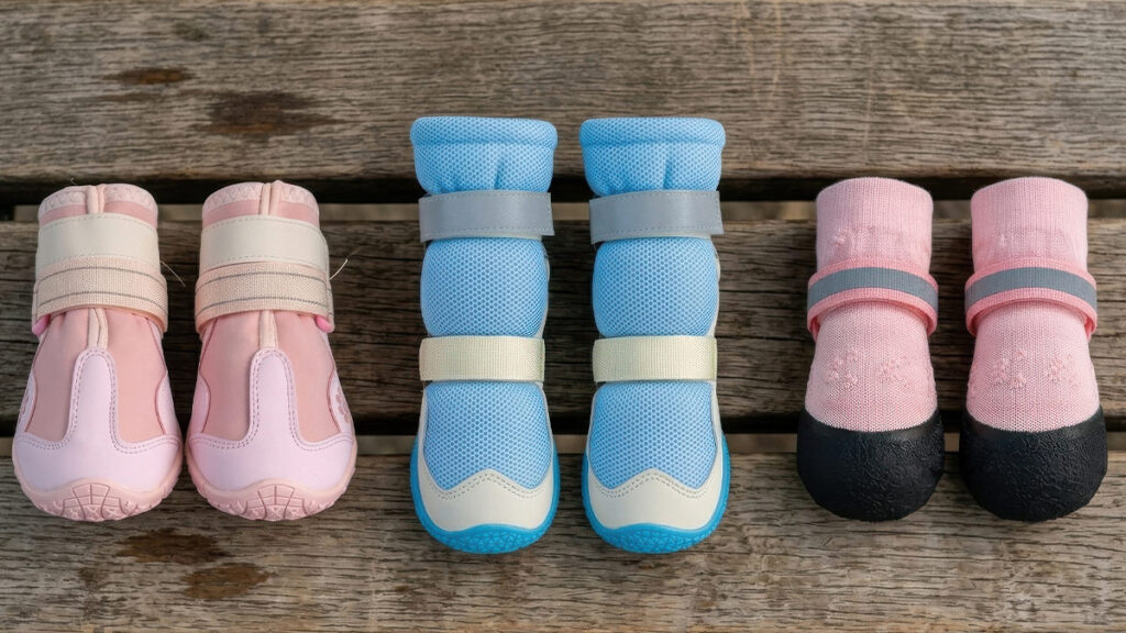 Side-by-side comparison of breathable dog shoes, heavy-duty winter boots, and anti-slip socks laid out on wood.