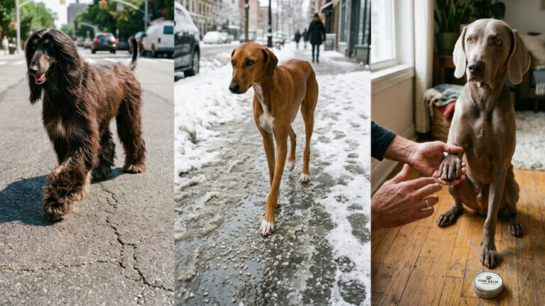 A complete dog paw care routine showing an Afghan Hound on hot asphalt, an Azawakh on icy pavement, and a Weimaraner getting paw balm.