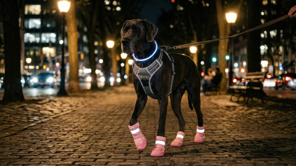 A Great Dane walking on a cobblestone street at night equipped with an illuminated LED collar, reflective harness, and reflective boots.