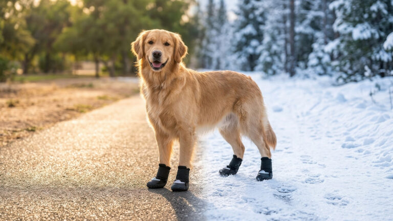 Do dogs need shoes? A Golden Retriever wearing protective boots on a split background of hot summer asphalt and winter snow.