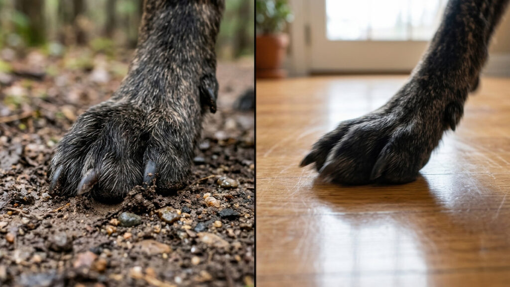 Technical comparison of dog boot soles biomechanics showing a dog paw digging into natural dirt versus sliding outward on polished hardwood.