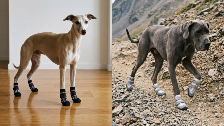 Complete guide on dog boot soles comparing a Whippet in indoor grip socks on hardwood with a Great Dane in rugged trail boots on rocky terrain.