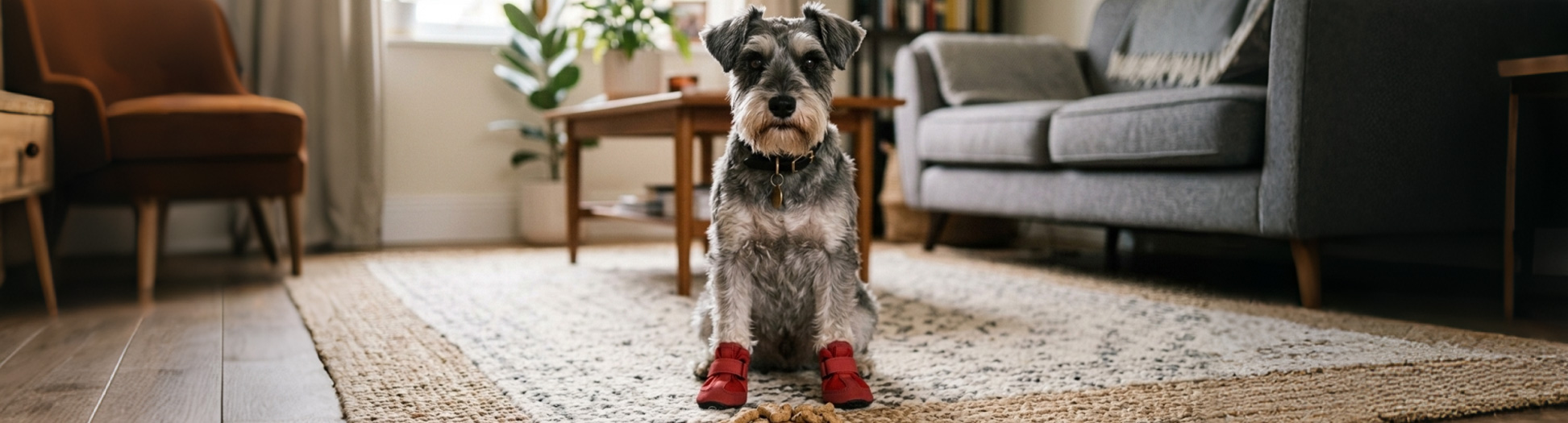 Miniature Schnauzer sitting on a rug wearing red boots near treats for dog Boot Adaptation training.