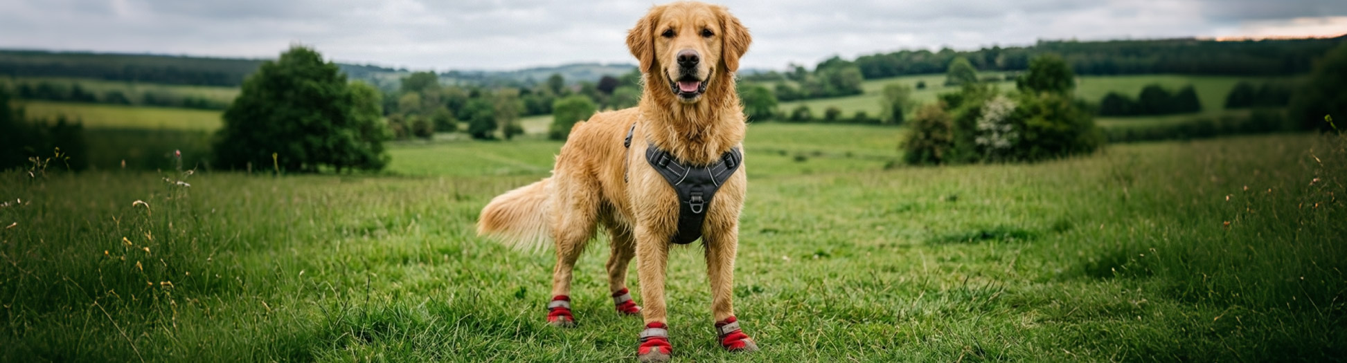 Golden Retriever wearing a protective harness and red dog boots in a grassy field for Sizing & Fit guides.