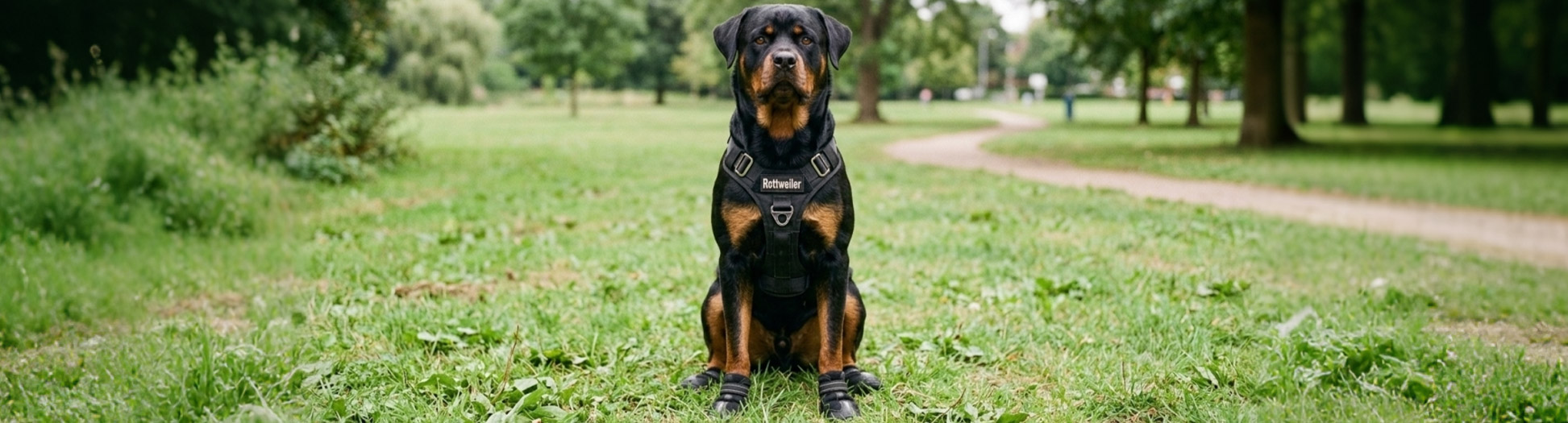 Rottweiler sitting in a park wearing a black training harness and boots for Training & Behavior guides.