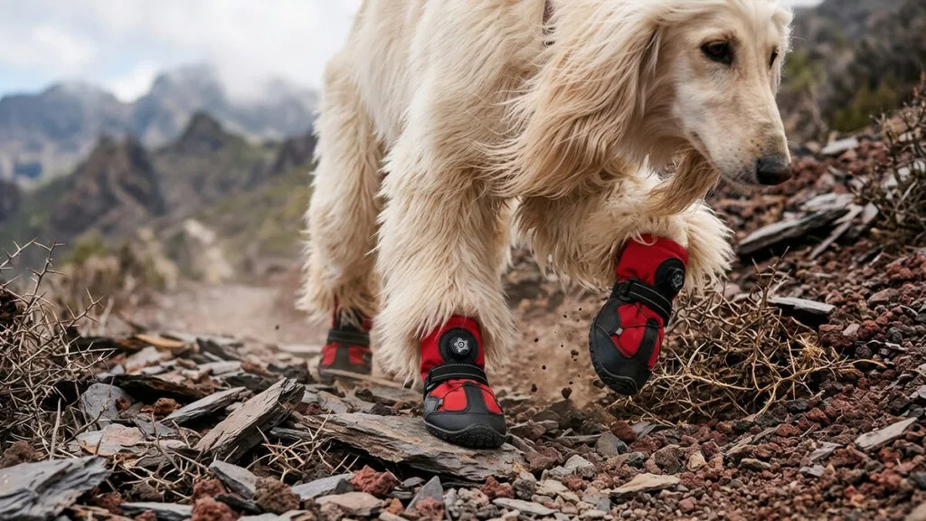 An Afghan Hound stepping over sharp rocks and dry thorns wearing heavy-duty dog hiking boots for paw protection.
