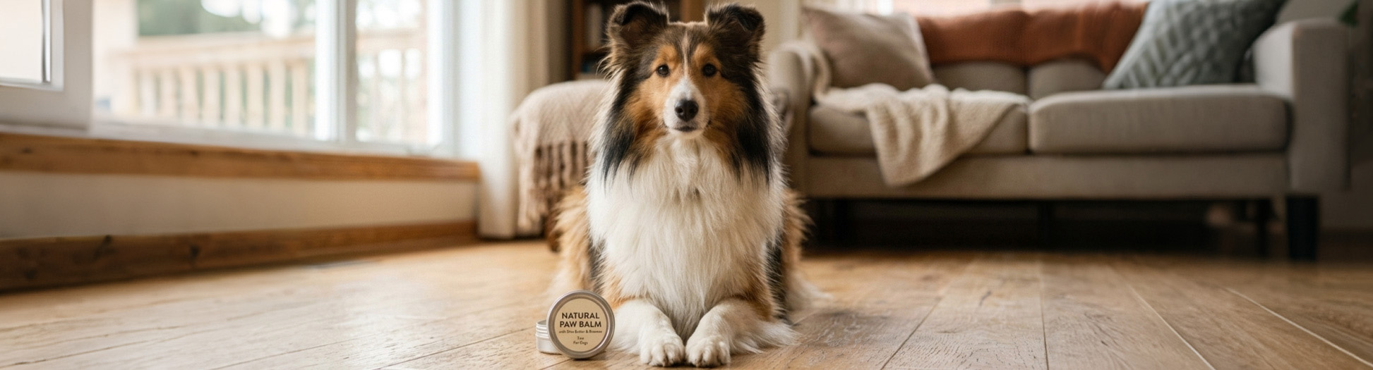 Shetland Sheepdog sitting on hardwood floor next to a tin of natural paw balm for Daily Maintenance.