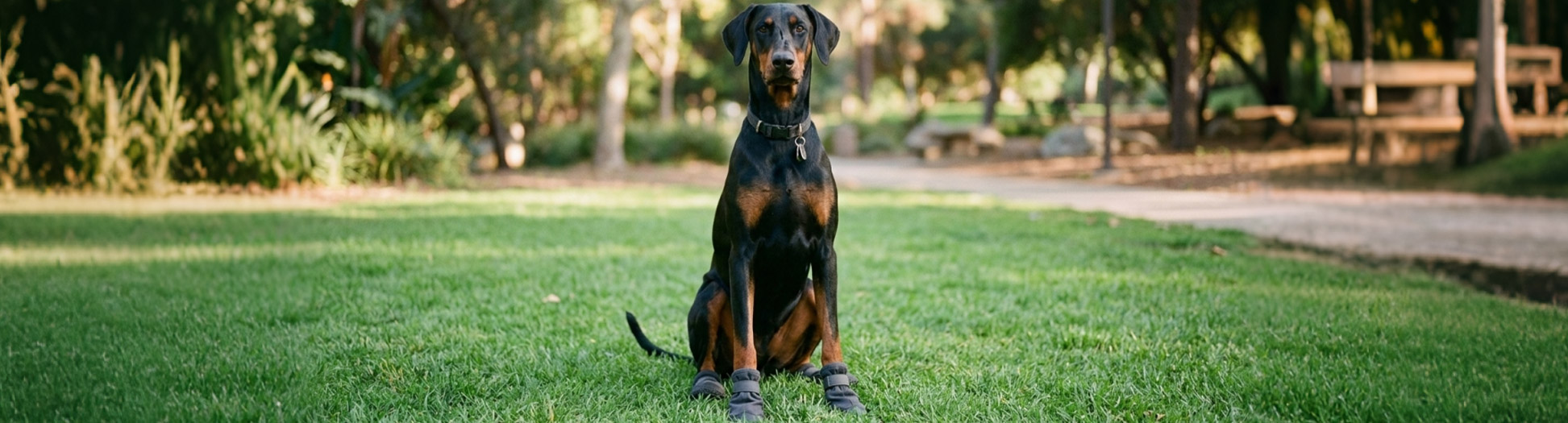Doberman Pinscher sitting on green grass wearing protective booties for dog Paw Care & Protection.
