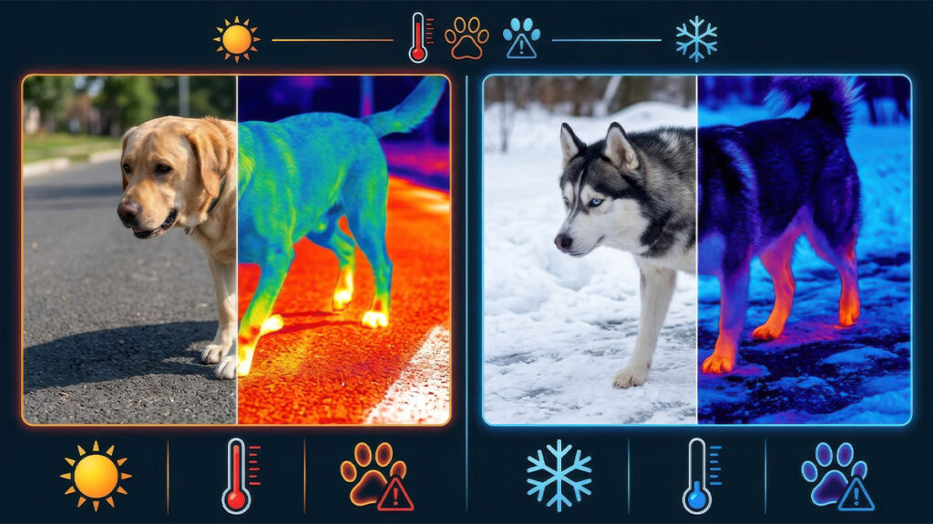 Thermal scan comparison demonstrating why dogs need dog paw wear against hot pavement burns and winter ice hazards.