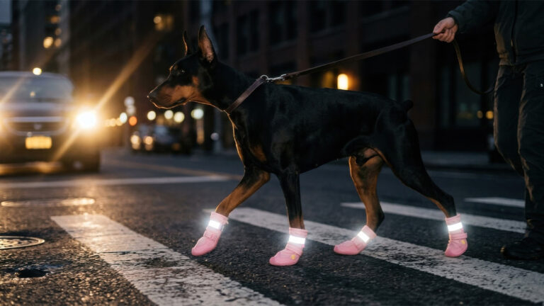 Essential dog walking at night safety gear featuring a Doberman crossing a dark city street wearing illuminated reflective boots.