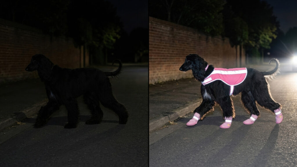 A side-by-side comparison for dog walking at night safety showing an invisible dark dog versus one wearing a reflective vest and boots under headlights.