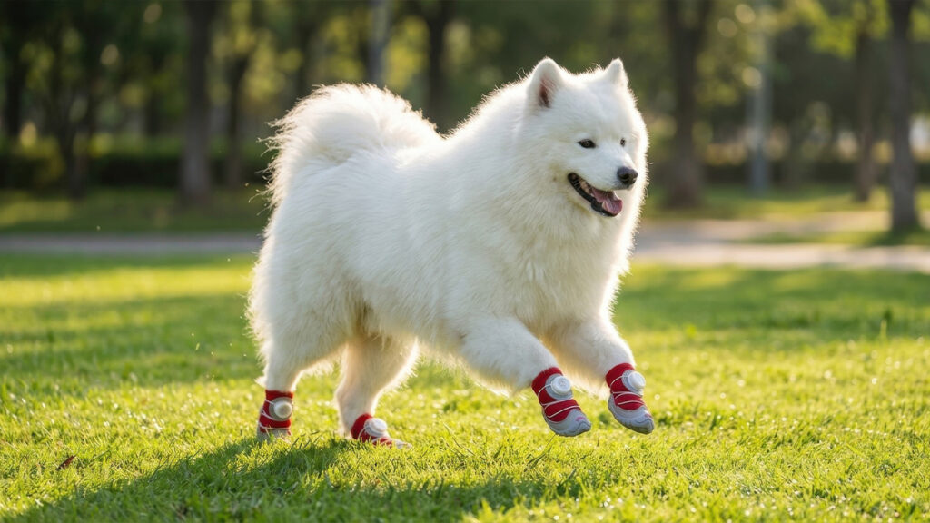 How to Get Dog Used to Shoes: Stop the Funny Walk A happy white Samoyed running effortlessly across a grassy park wearing four lightweight protective dog shoes.