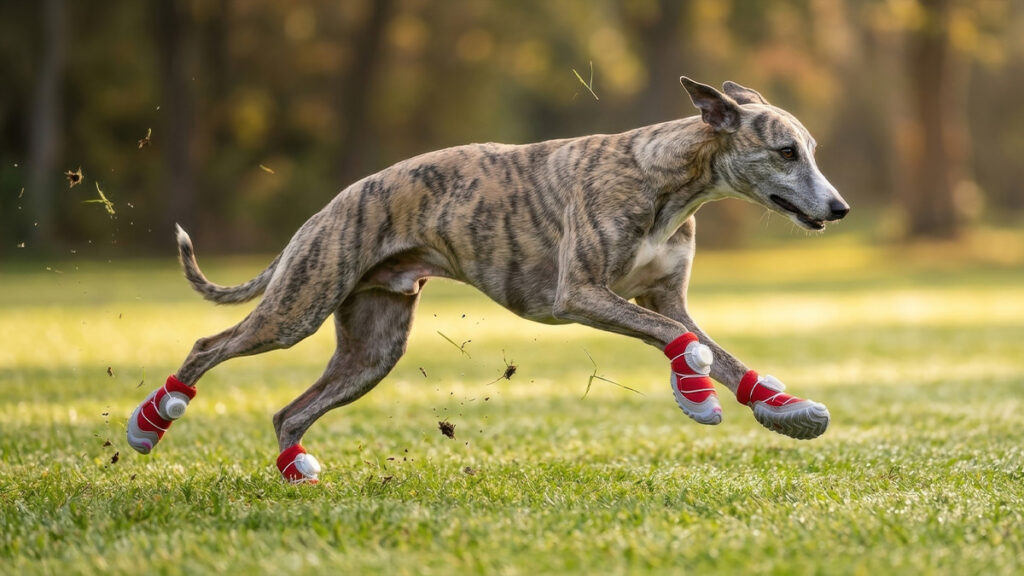 How to Get Dog Used to Shoes: Stop the Funny Walk An athletic Whippet running at full speed across grass wearing ultra-flexible starter dog shoes that bend with the paw.