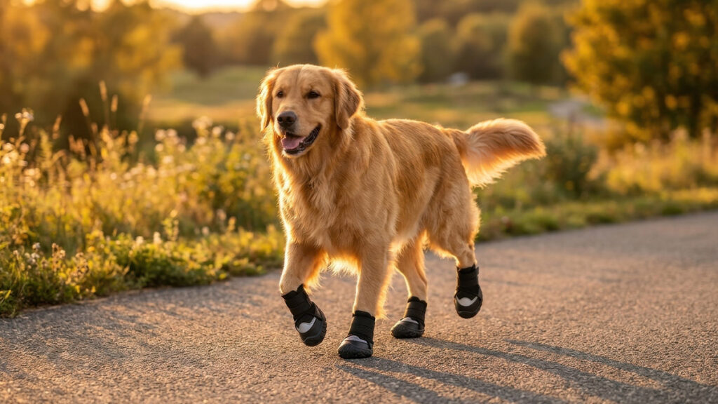 Do dogs need shoes for daily walks? A Golden Retriever happily running on an outdoor paved path wearing protective black boots.
