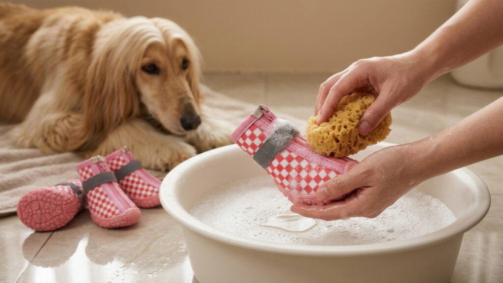 Gently hand-washing pink plaid dog boots in a basin of lukewarm soapy water using a natural sponge next to an Afghan Hound.