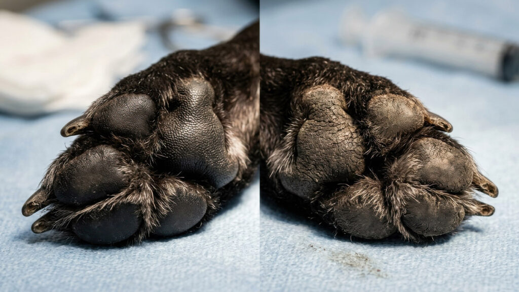 Macro comparison of healthy dark paw pads versus dry cracked pads highlighting essential dog paw care needs.