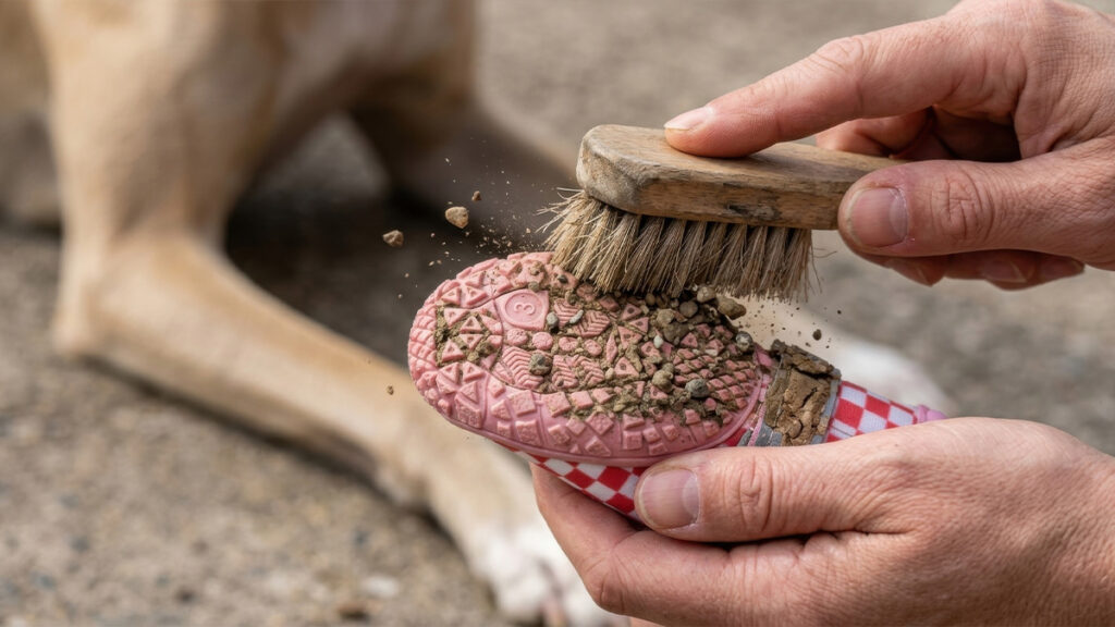 Close-up demonstration on how to clean dog shoes by brushing dried mud and gravel off the rubber sole with a wooden brush.