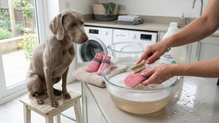 A step-by-step guide on how to clean dog shoes showing an owner washing muddy pink dog boots in soapy water next to a Weimaraner.