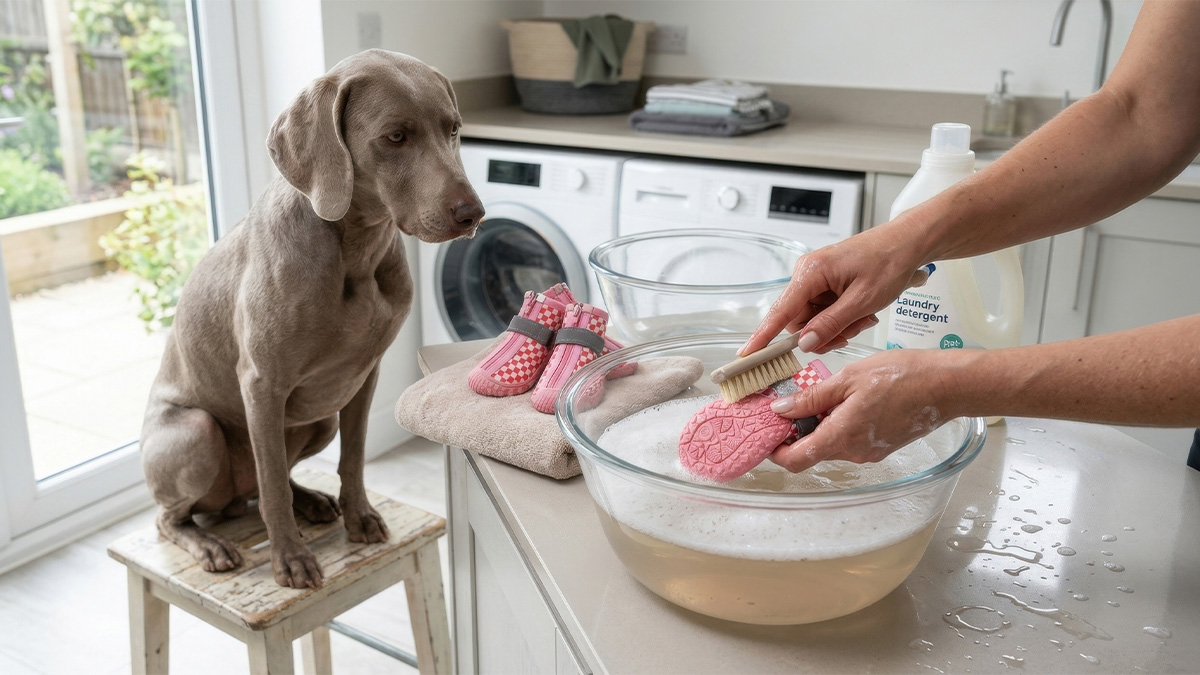 A step-by-step guide on how to clean dog shoes showing an owner washing muddy pink dog boots in soapy water next to a Weimaraner.
