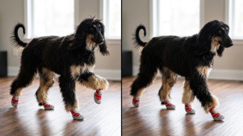How to Get Dog Used to Shoes: Stop the Funny Walk Side-by-side progression showing how to get dog used to shoes from an exaggerated funny high-step to a normal walking gait on hardwood floor.