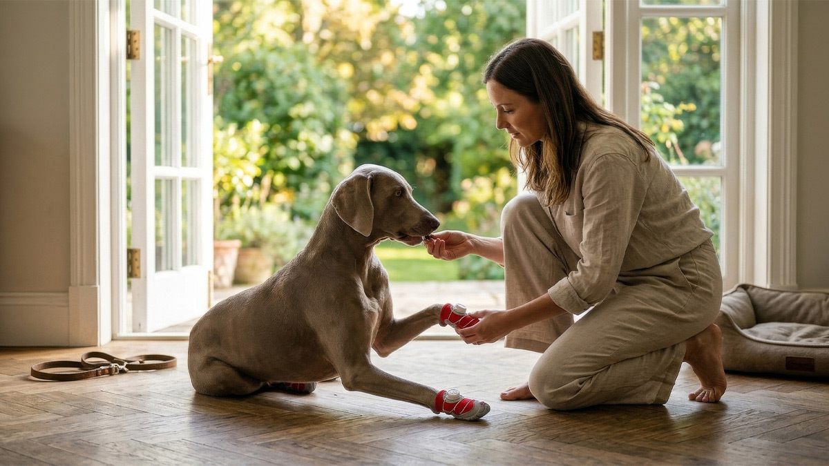 How to Get Dog Used to Shoes: Stop the Funny Walk A step-by-step guide on how to get dog used to shoes showing an owner gently putting a shoe on a Weimaraner while rewarding with treats.