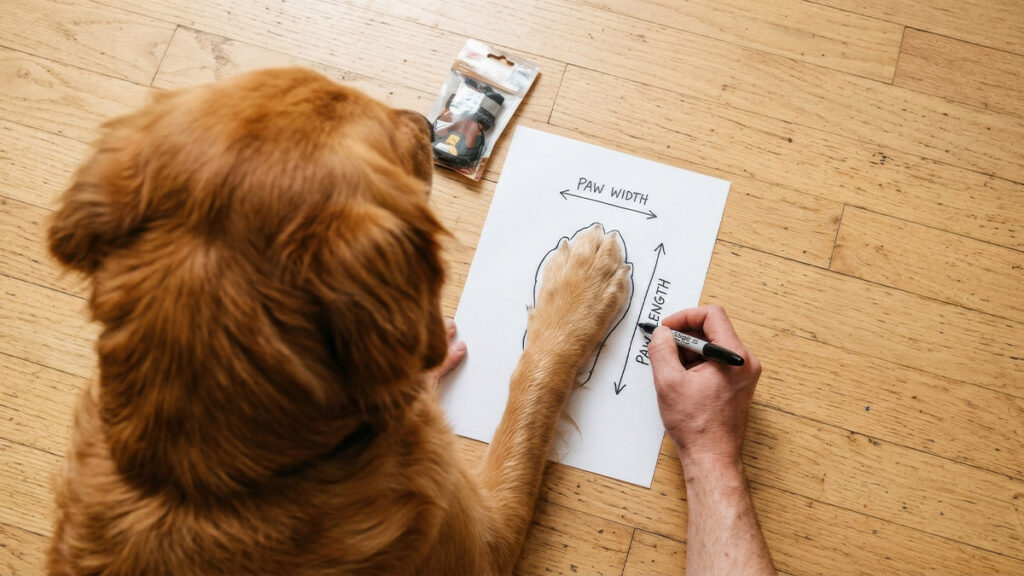 Instructional diagram showing how to measure dog paw width and length on paper with a marker for accurate shoe fitting.