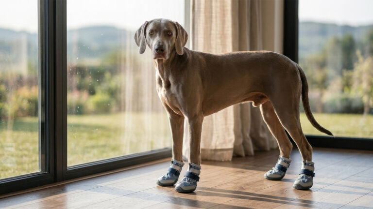 A step-by-step tutorial on how to measure dog paws on paper showing paw splay and sizing lines.