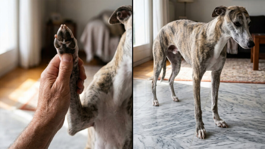 Comparison diagram illustrating how to measure dog paws accurately when weight-bearing vs a suspended paw.