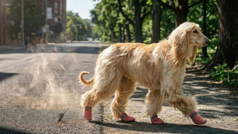 Complete guide on how to protect dog paws from hot pavement showing hot asphalt hazards and summer protective footwear.