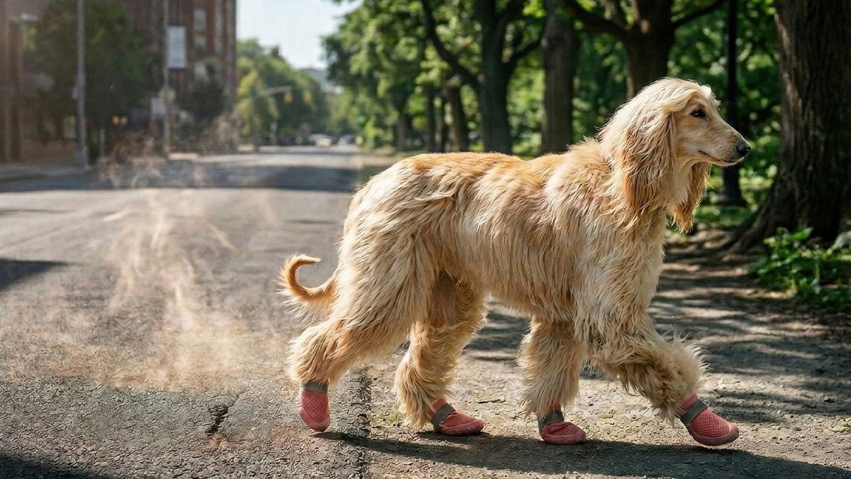 Complete guide on how to protect dog paws from hot pavement showing hot asphalt hazards and summer protective footwear.
