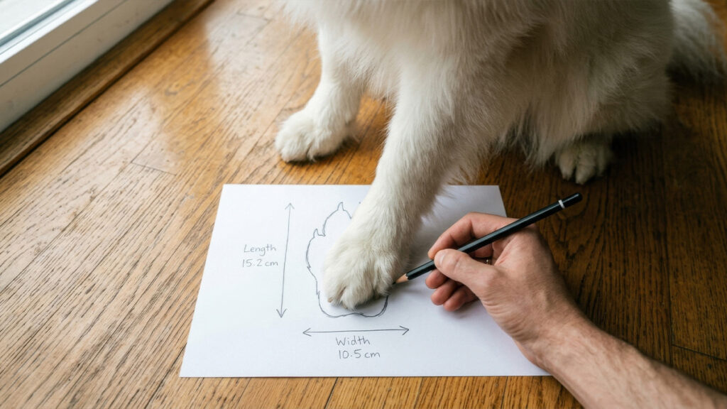 Top-down view of a person tracing a dog's front paw on white paper with a pencil to mark length and width.