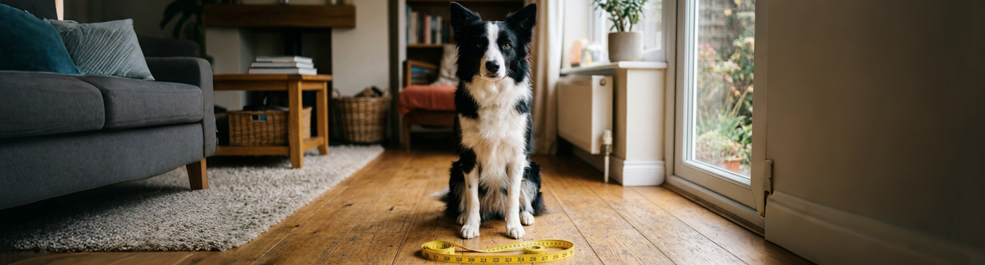 Border Collie sitting on a wooden floor near a yellow measuring tape for dog gear Measurement Guides.