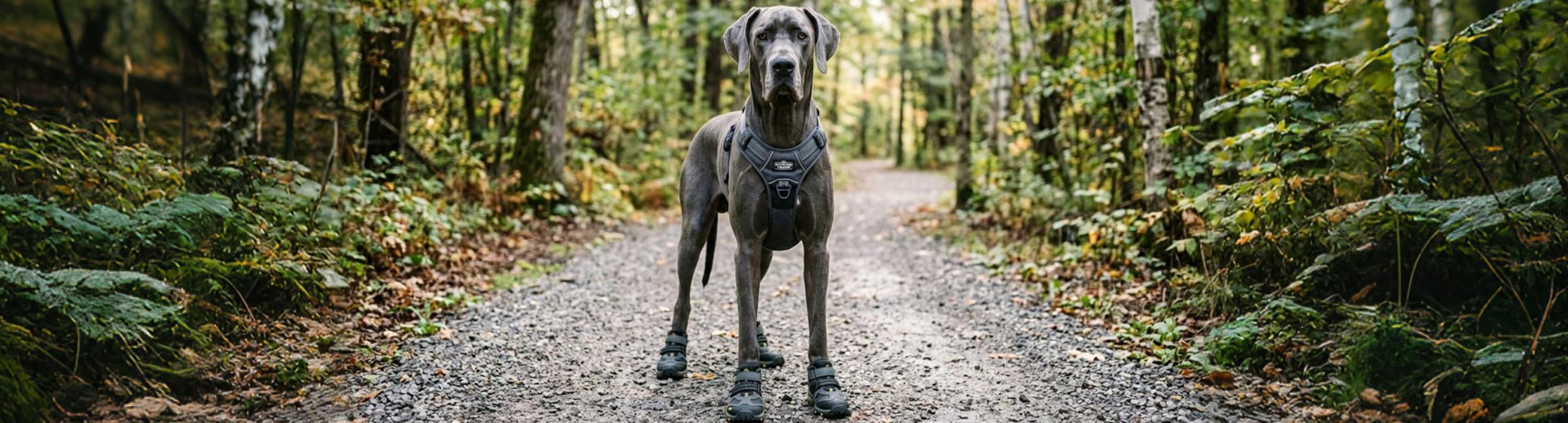 Blue Great Dane standing on a gravel trail wearing a grey harness and boots for outdoor Gear Guides.