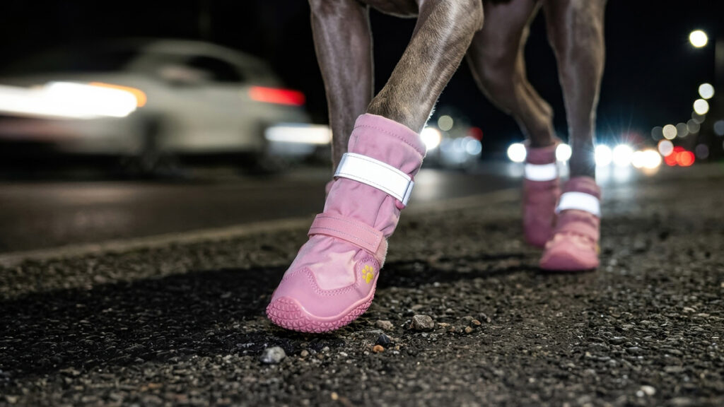 Close-up of a dog's moving legs wearing pink protective boots with bright reflective straps glowing under low car headlights.