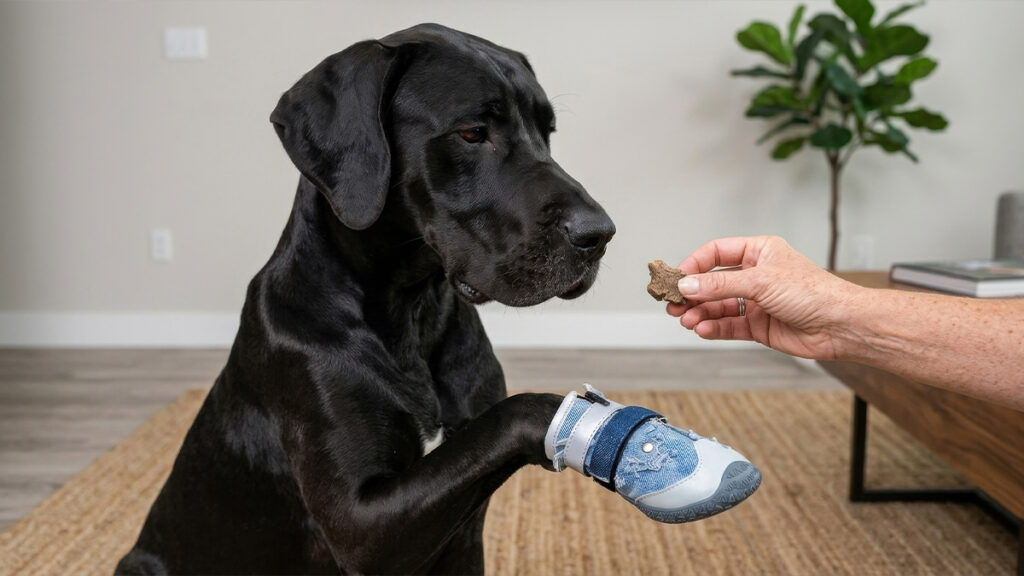 Owner rewarding a dog with a treat while wearing one protective shoe during positive reinforcement training.