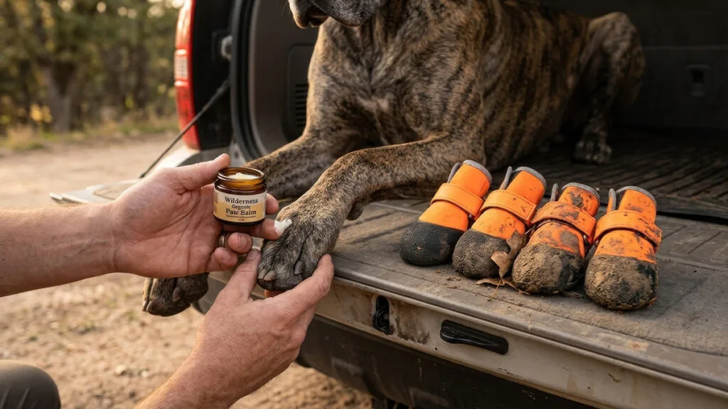 Owner applying soothing paw balm onto a Great Dane's paw on an SUV tailgate next to muddy orange hiking boots.
