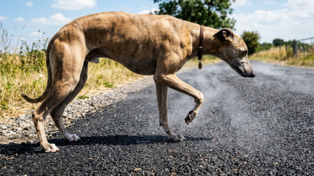 A dog standing near scorching black asphalt illustrating why owners must protect dog paws from hot pavement burns.