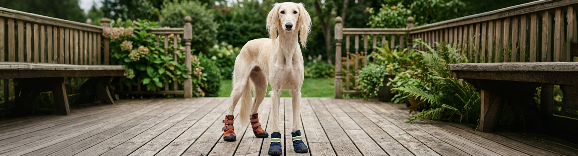 Saluki standing on a wooden deck wearing two different styles of dog boots for Gear Comparisons.