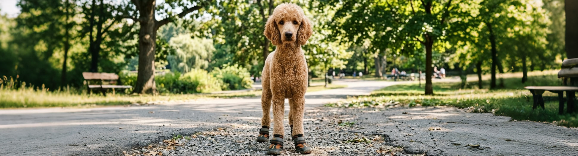 Standard Poodle standing on paved park trail wearing heat-resistant boots for paw Injury Prevention.
