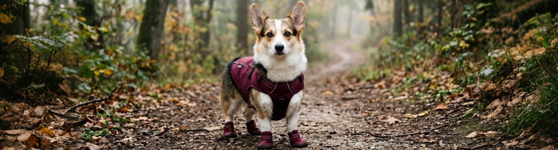 Welsh Corgi wearing a red protective vest and dog boots standing on a forest trail for Outdoor & Protection guides.